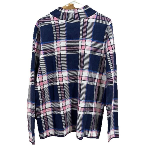 Lands' End Sweater Women's size‎ Large Blue Pink Plaid Pullover Mock Neck Casual - Picture 2 of 7